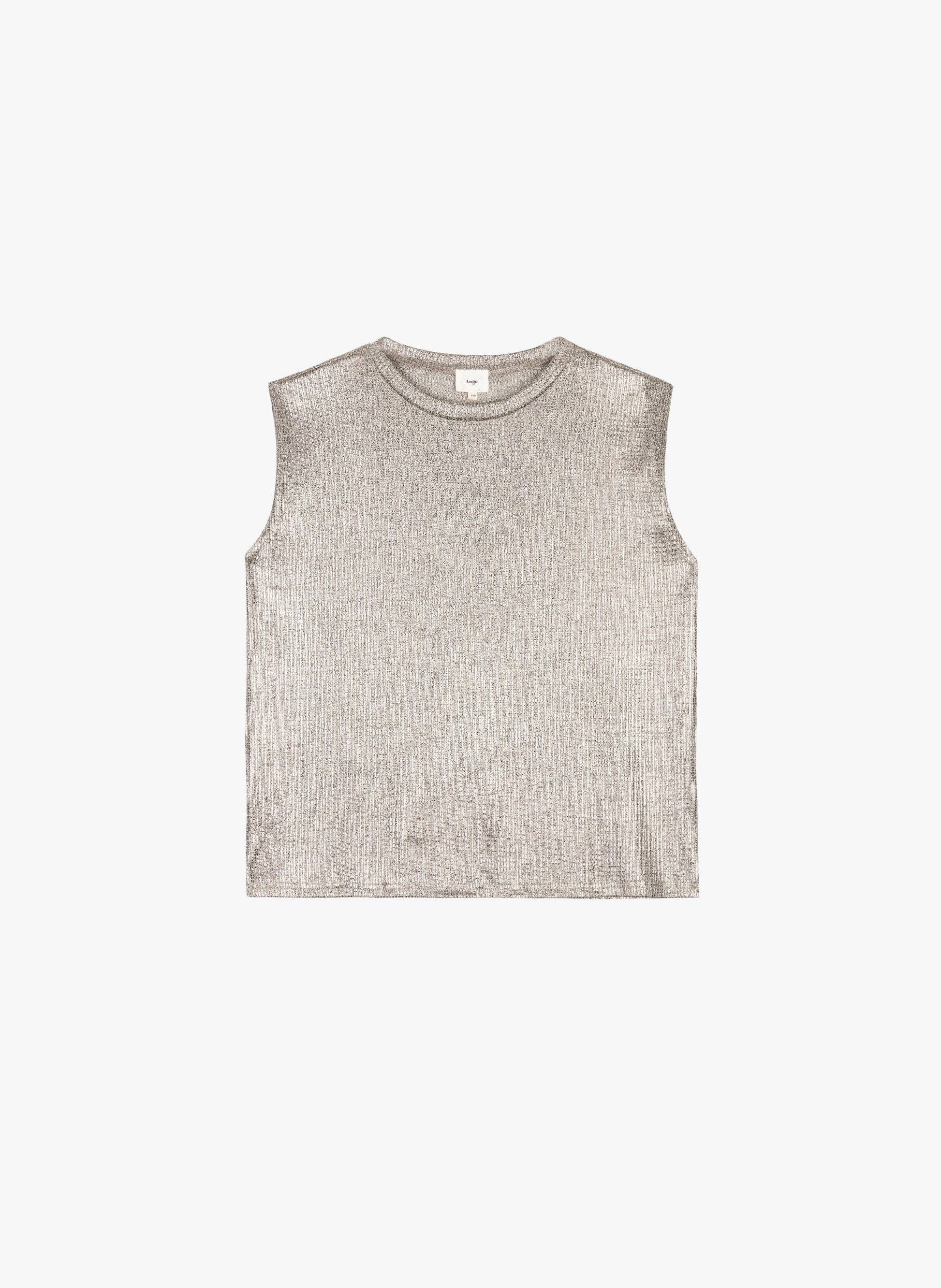 Top smanicato in maglia metallica greige