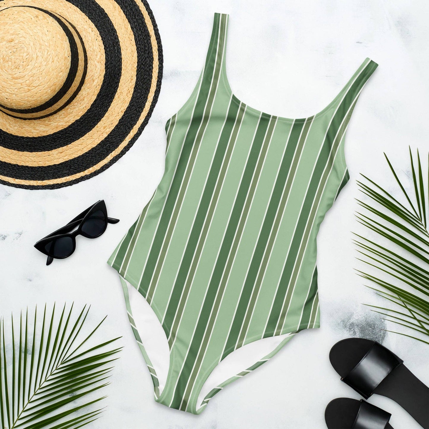 Costume intero a righe verde oliva