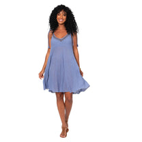 Vestito estivo corto in cotone blu con spalline annodate