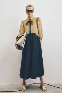 Abito in crêpe color block con fiocco