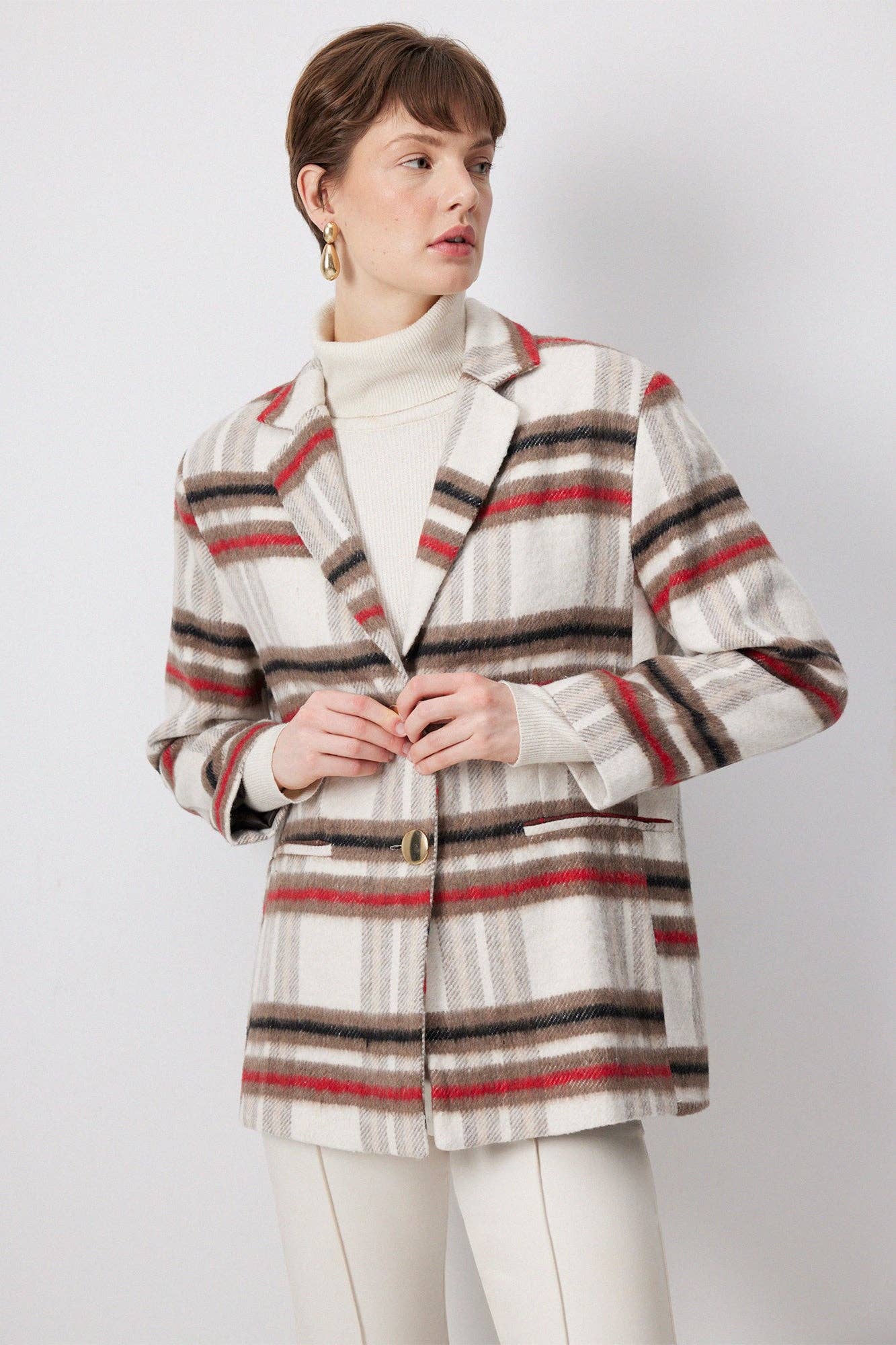 Blazer a quadri con bottoni dorati in misto cotone