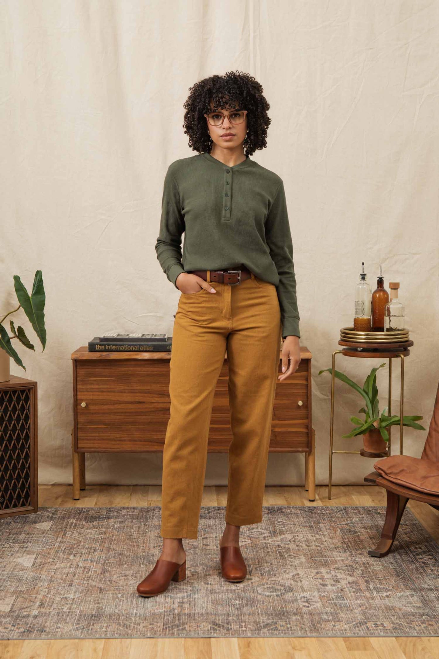 Henley a coste in cotone riciclato da donna verde foresta mélange