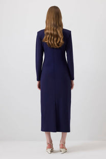 Abito midi blu con colletto gioiello