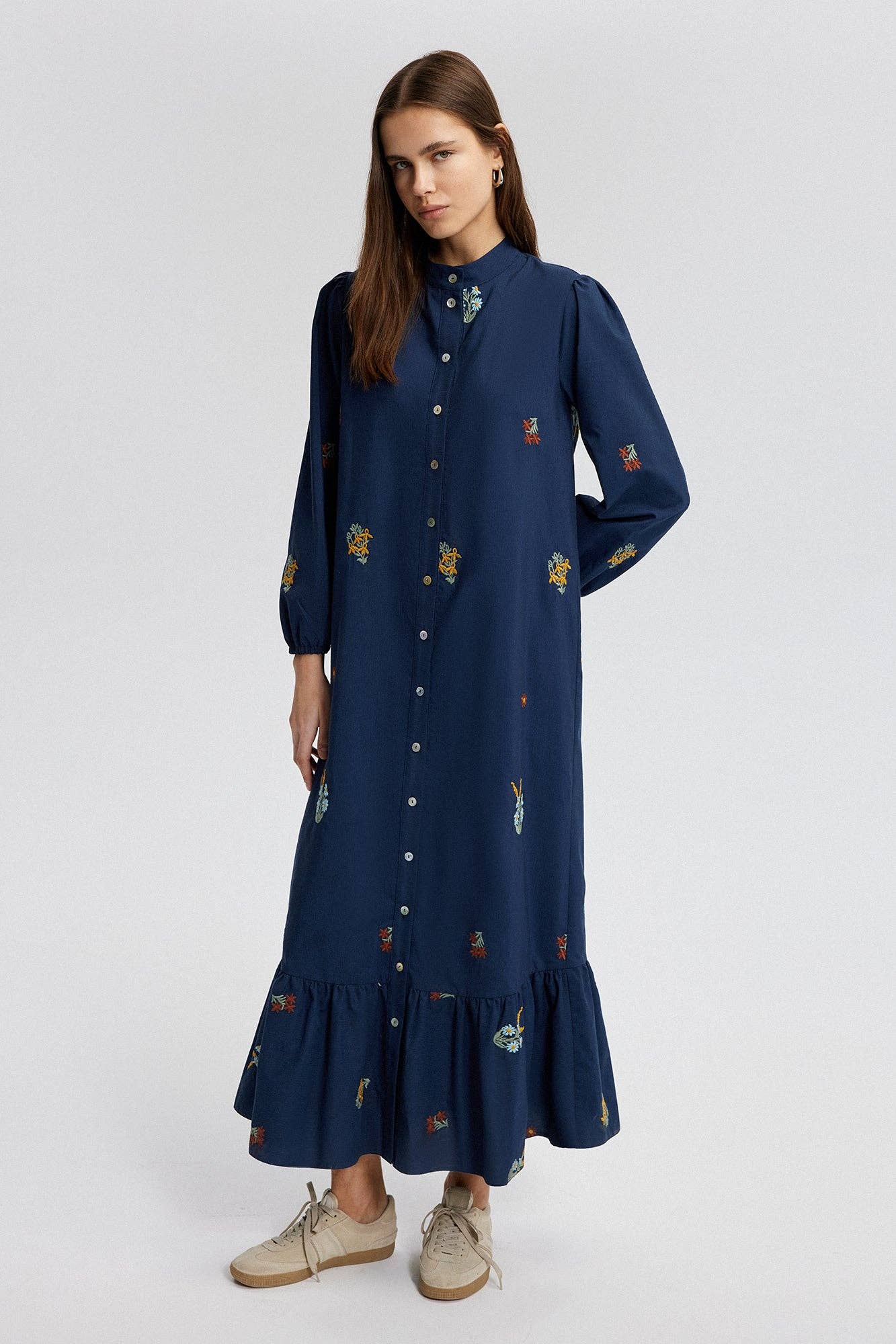 Abito camicia maxi ricamato in misto cotone