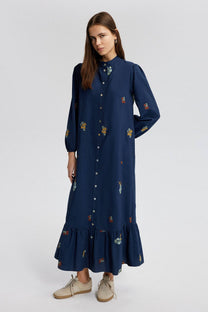 Abito camicia maxi ricamato in misto cotone