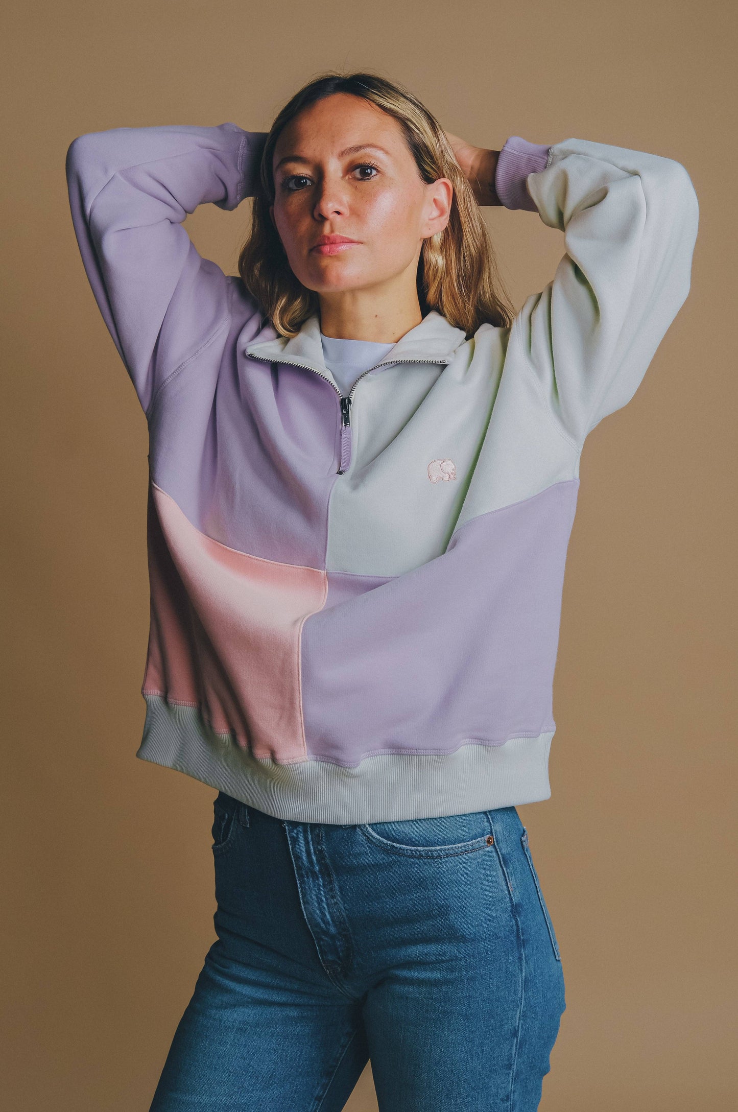Maglione oversize donna half-zip color block lavanda