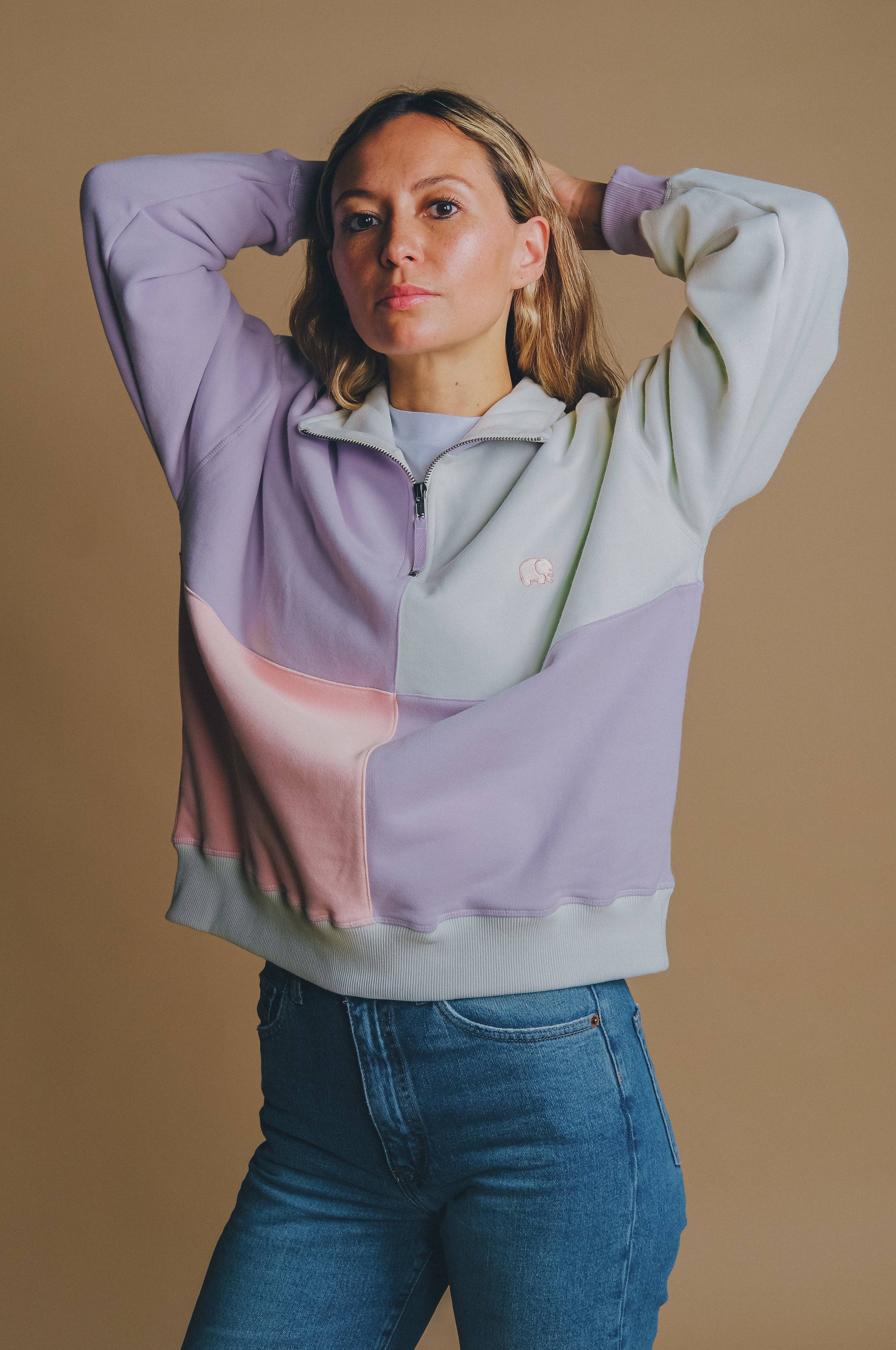 Maglione oversize donna half-zip color block lavanda