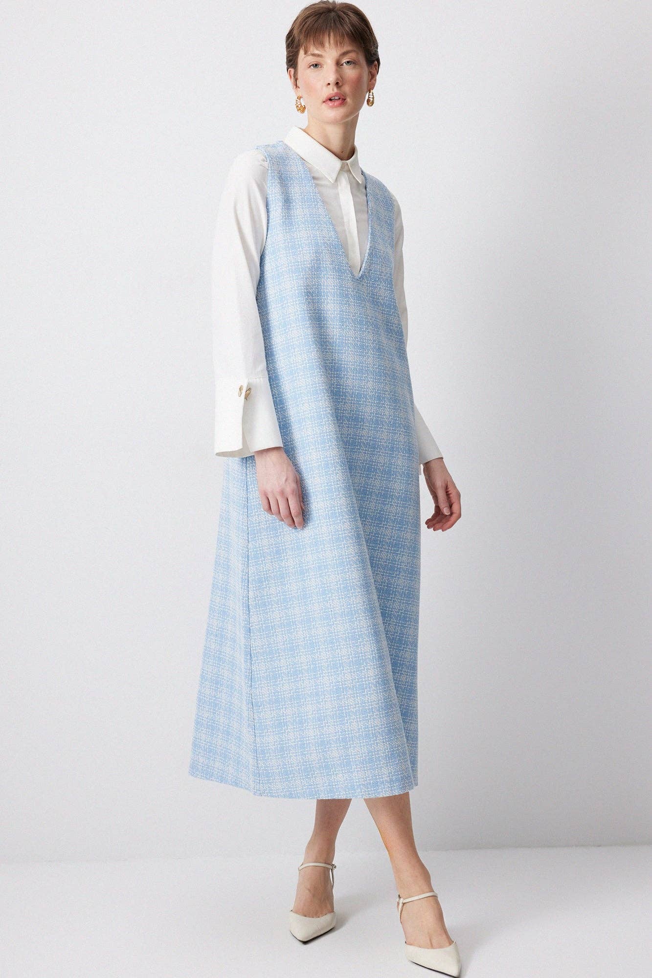 Abito midi in tweed senza maniche azzurro