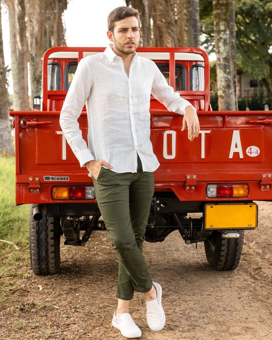 Pantaloni chino elasticizzati verde militare da uomo