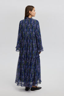 Abito lungo in chiffon floreale con volant stile boho