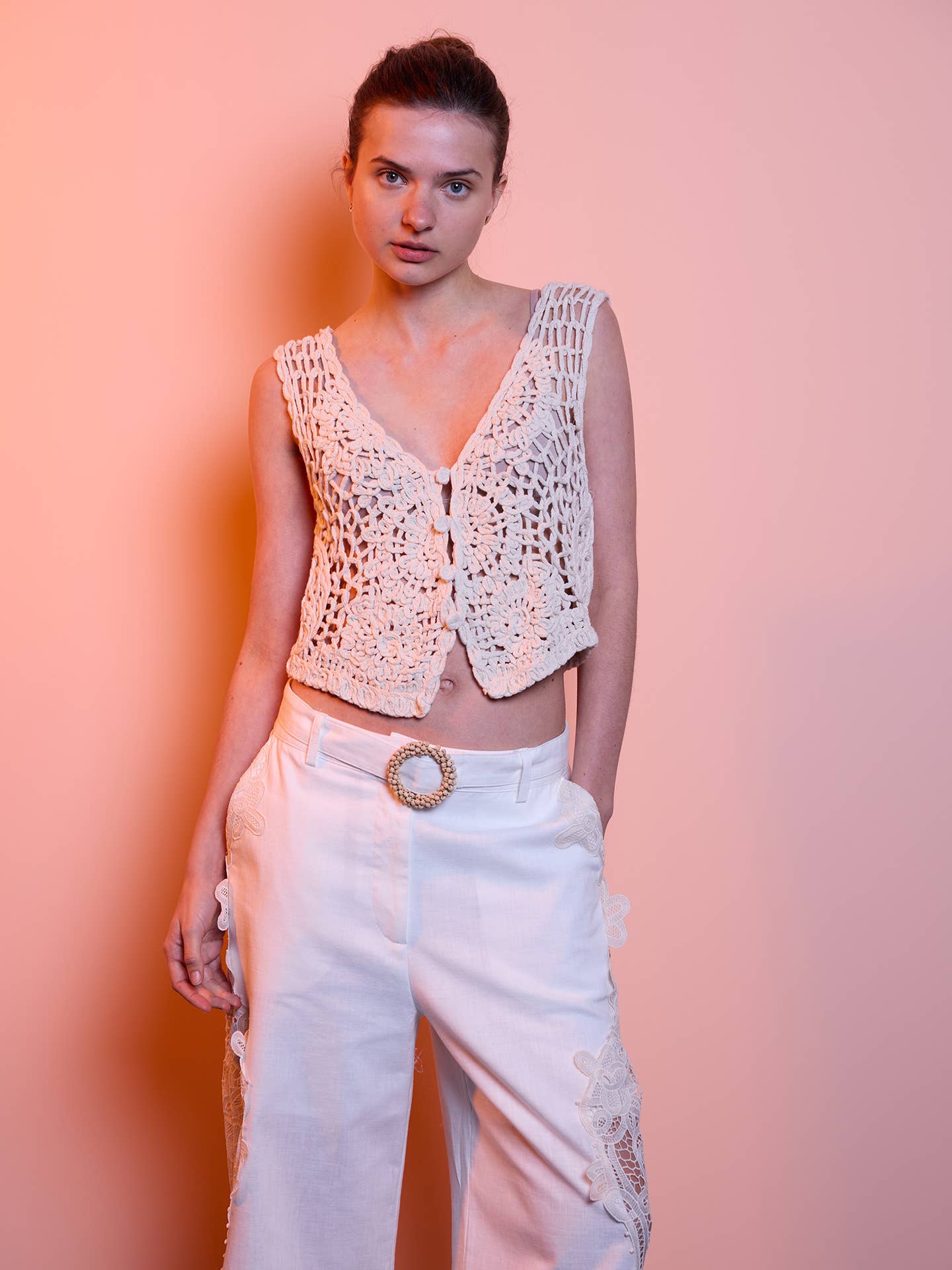 Top donna in cotone 100% effetto crochet