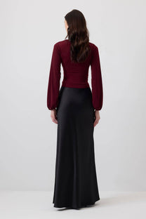 Blusa drappeggiata bordeaux con maniche a palloncino