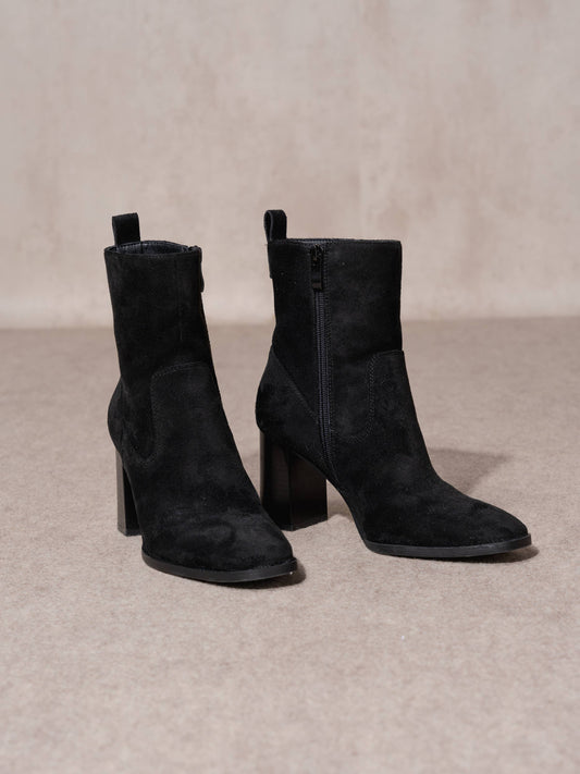 Stivaletti con tacco alto in tessuto e camoscio