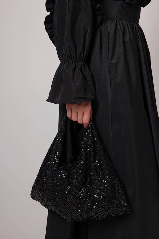 Mini borsa hobo nera con paillettes